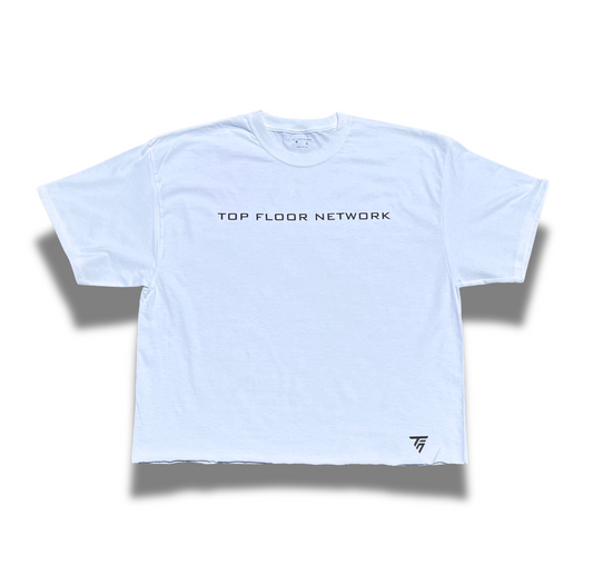 “TOP FLOOR NETWORK” XL ESSENTIAL TEE (WHITE) CROPPED
