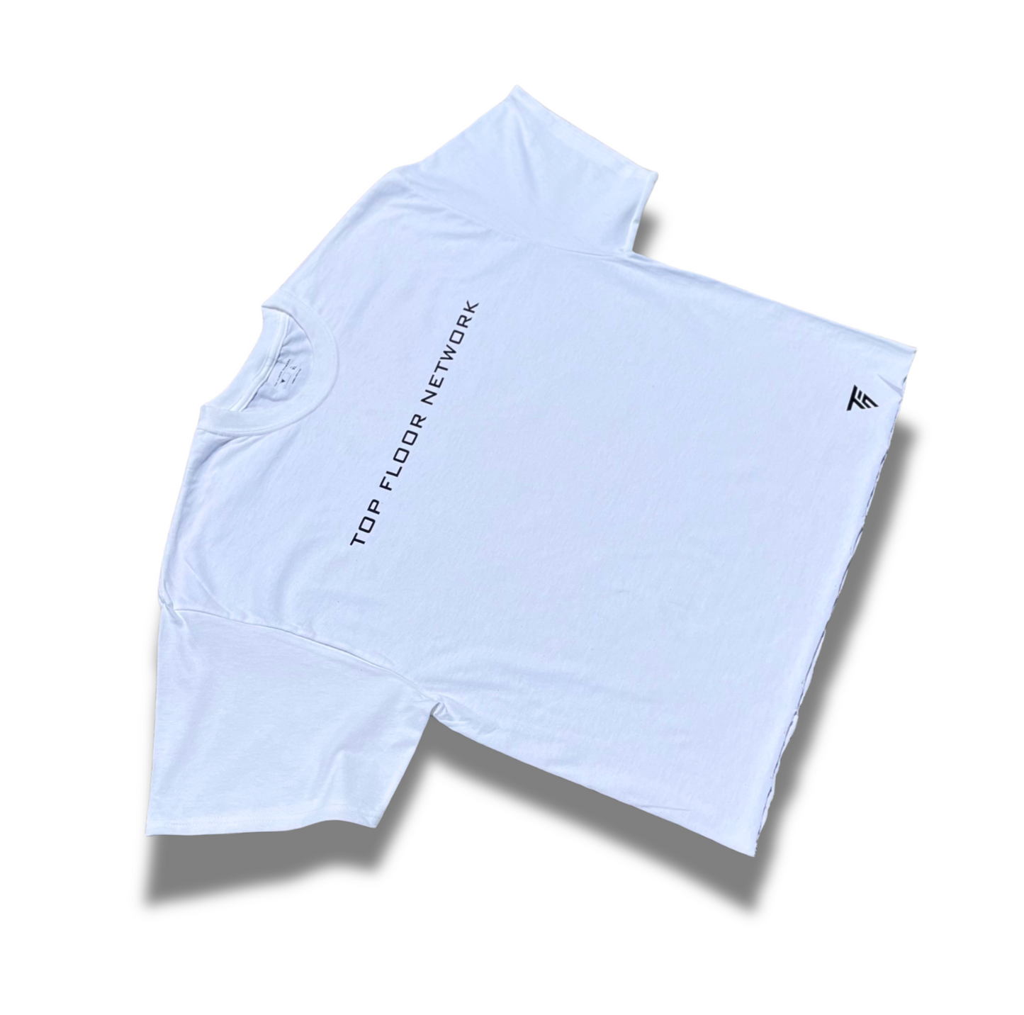 “TOP FLOOR NETWORK” XL ESSENTIAL TEE (WHITE) CROPPED